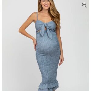 Blue Smocked Midi Dress with Bow Detail